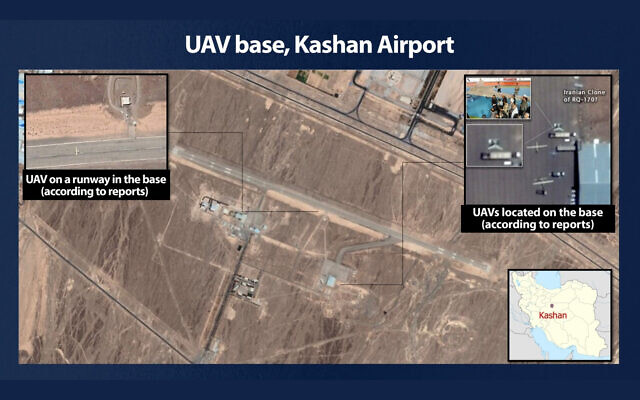 A satellite photograph of an alleged Iranian base that Defense Minister Benny Gantz says is used to train Iranian proxies to operate advanced drones on September 12, 2021. (Defense Ministry)