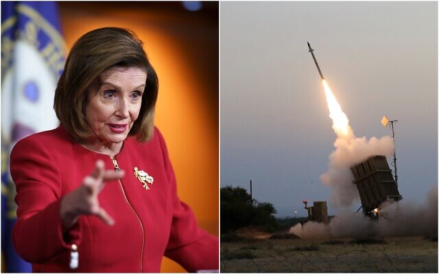 Left: US House Speaker Nancy Pelosi, D-CA, meets with reporters to discuss President Joe Biden's domestic agenda at the Capitol in Washington, on September 8, 2021 (AP Photo/J. Scott Applewhite); Right: An Iron Dome air defense system fires to intercept a rocket from Gaza Strip in the costal city of Ashkelon, Israel, on July 5, 2014. (AP Photo/Tsafrir Abayov)