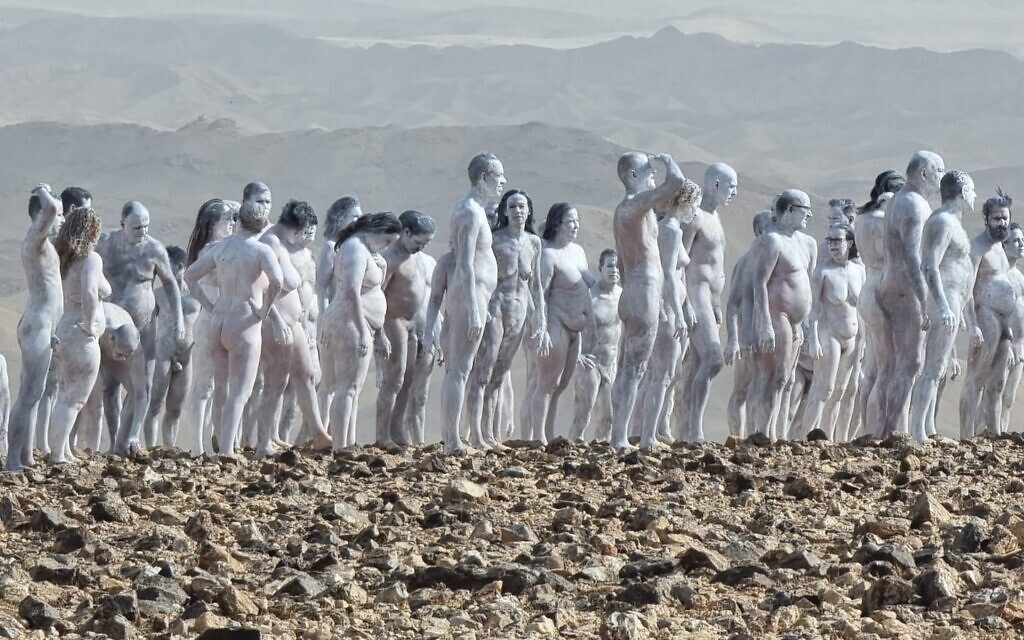 Nude and painted white, 200 volunteer models pose at endangered Dead Sea |  The Times of Israel