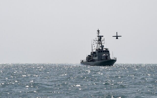 A US Navy Martin UAV drone flies over the Gulf waters as the Royal Bahrain Naval Force (RBNF) Abdulrahman Al Fadhel takes part in a joint naval exercise between the US 5th Fleet Command and Bahraini forces, October 26, 2021. (Mazen Mahdi/AFP)