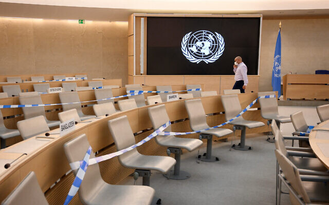 Seats are prepared for a session of the UN Human Rights Council in Geneva, Switzerland, on September 13, 2021. (Fabrice Coffrini/AFP/Getty Images via JTA)