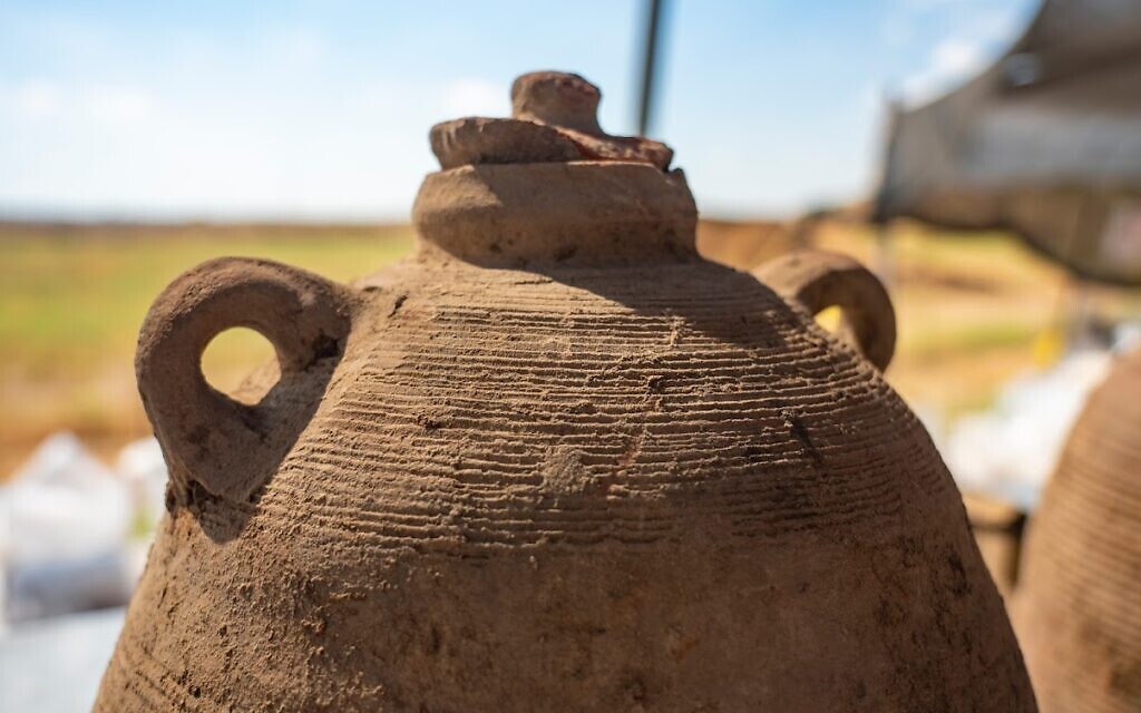Jar with stopper found at Byzantine winepress in Yavne (Yaniv Berman/IAA)