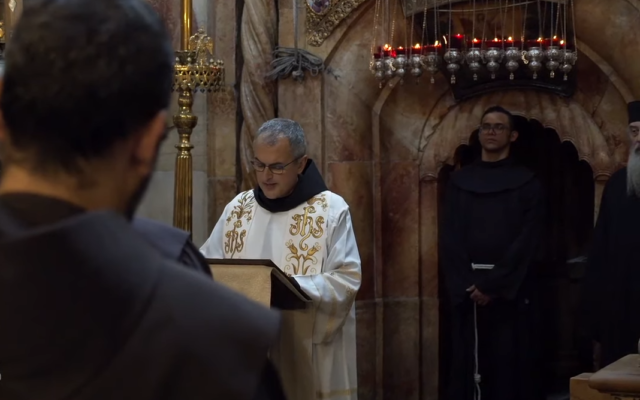 Minister General of the Franciscan Order, Massimo Fusarelli, speaks at the Basilica of the Holy Sepulchre in Jerusalem, October 20, 2021. (Screenshot: Youtube/Christian Media Center)