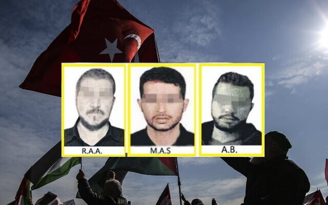 Blurred photos of three the 15 alleged Mossad agents are published by the Turkish Sabah daily. Background: Pro-Palestinian Turkish demonstrators holding Turkish and Palestinian flags take part in a rally to protest in Istanbul, Febuary 9, 2020. (Screenshot: Sabah; AP Photo/Emrah Gurel)