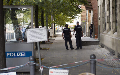 Illustrative: German police patrol in front of the 'New Synagogue' at Oranienburger Strasse in Berlin, Germany, September 24, 2020. (AP Photo/Markus Schreiber)