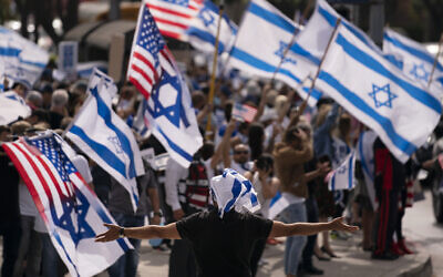 Pro-Israel demonstrators gather outside the Federal Building during a rally in support of Israel in Los Angeles, Wednesday, May 12, 2021. (AP/Jae C. Hong)