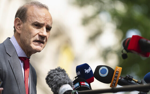Deputy Secretary General and Political Director of the European External Action Service (EEAS) Enrique Mora addresses the media in front of the Grand Hotel Vienna, where closed-door nuclear talks take place in Vienna, Austria, June 20, 2021. (AP Photo/Florian Schroetter)