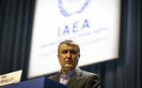 Mohammad Eslami, new head of Iran's nuclear agency (AEOI) talks on stage at the International Atomic Energy's (IAEA) General Conference in Vienna, Austria, September 20, 2021. (Lisa Leutner/ AP/ File)