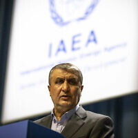 Mohammad Eslami, new head of Iran's nuclear agency (AEOI) talks on stage at the International Atomic Energy's (IAEA) General Conference in Vienna, Austria, September 20, 2021. (Lisa Leutner/ AP/ File)