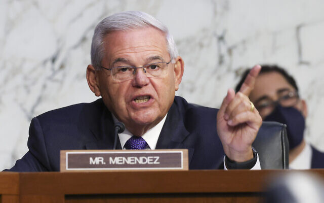 Sen. Robert Menendez, D-NJ, speaks during a Senate Banking, Housing and Urban Affairs Committee hearing on the CARES Act on Capitol Hill, September 28, 2021, in Washington. (Kevin Dietsch/Pool via AP)