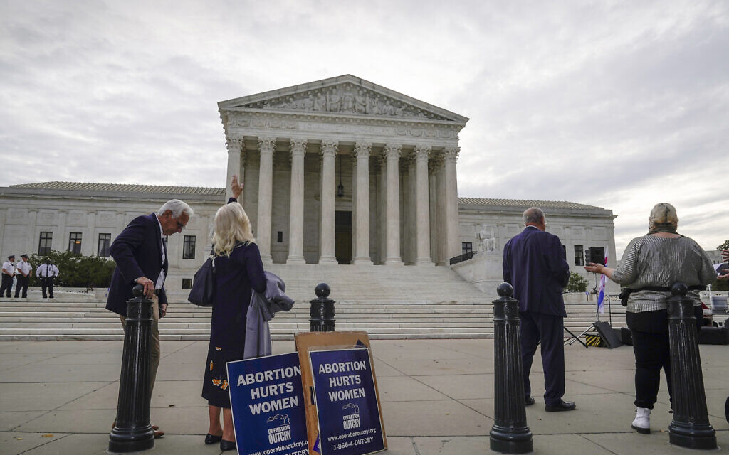 The Supreme Court is seen on the first day of the new term as activists opposed to abortion demonstrate on the plaza, in Washington, Monday, Oct. 4, 2021. (J. Scott Applewhite/AP Photo)