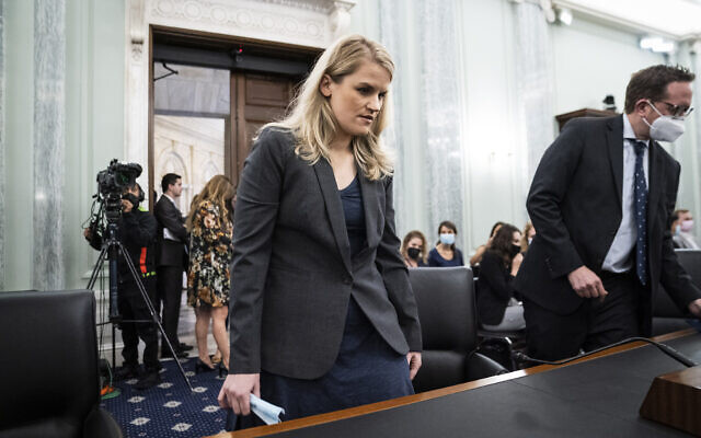 Former Facebook employee and whistleblower Frances Haugen arrives to testify during a Senate Committee on Commerce, Science, and Transportation hearing on Capitol Hill, on October 5, 2021, in Washington, DC. (Jabin Botsford/The Washington Post via AP, Pool)