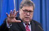 In this December 21, 2020, file photo, Attorney General William Barr speaks during a news conference at the Justice Department in Washington. (Michael Reynolds/Pool via AP, File)