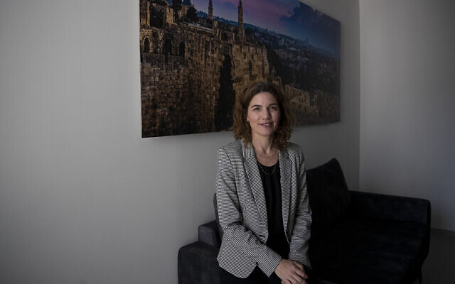 Israel's new minister of environmental protection, Tamar Zandberg, in her office in Jerusalem, October 20, 2021. (AP Photo/Maya Alleruzzo)