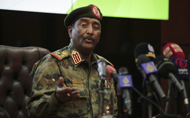 Sudan's head of the military, Gen. Abdel-Fattah Burhan, speaks during a press conference at the General Command of the Armed Forces in Khartoum, Sudan, on October 26, 2021. (AP Photo/Marwan Ali)
