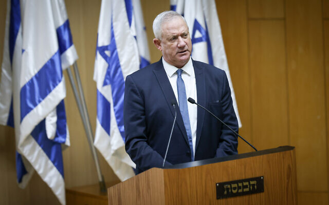 Defense Minister Benny Gantz speaks at an event celebrating the one-year anniversary of the Abraham Accords, in the Knesset in Jerusalem, on October 11, 2021. (Yonatan Sindel/Flash90)