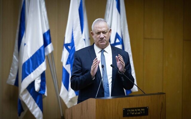 Defense Minister Benny Gantz speaks at an event celebrating the one-year anniversary of the Abraham Accords, in the Israeli parliament in Jerusalem, on October 11, 2021. (Yonatan Sindel/Flash90)