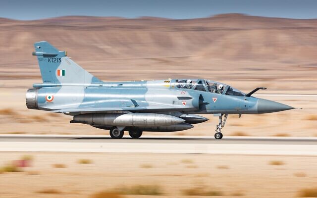 An Indian Mirage fighter jet lands during the Israeli Air Force's Blue Flag exercise in October 2021. (Israel Defense Forces)