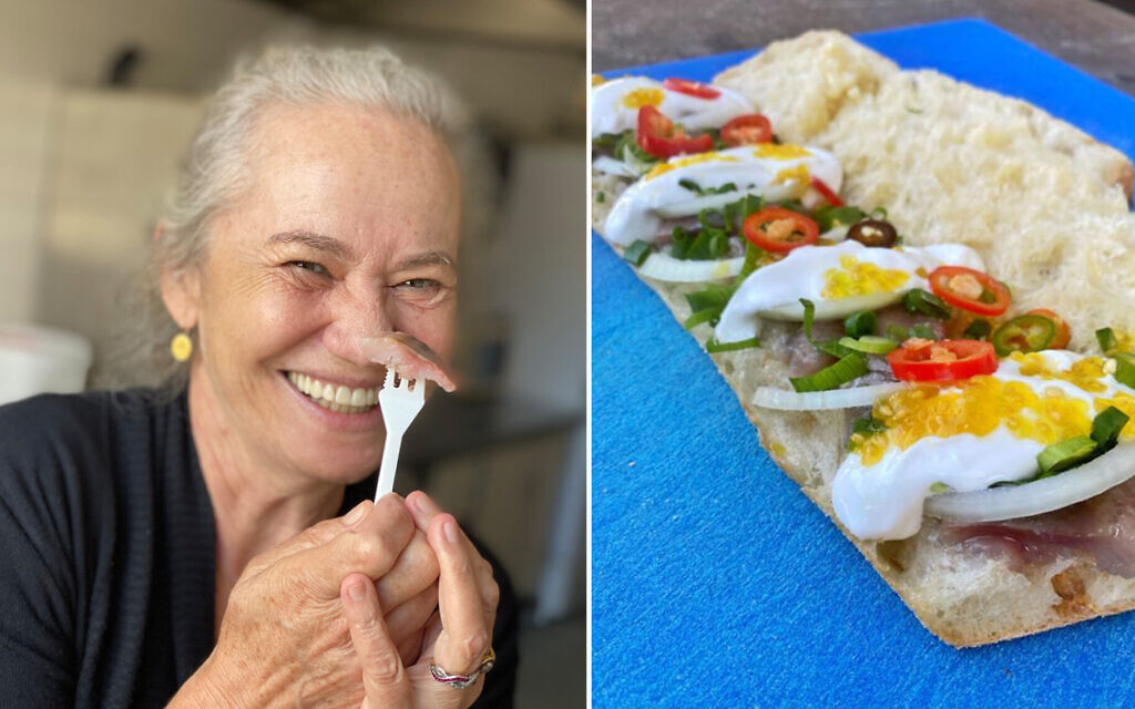 Sherry Ansky (left), namesake and founder of the Tel Aviv sandwich shop Sherry Herring, clowns with a bit of herring, the main ingredient in her signature sandwich (right). (Courtesy/via JTA)