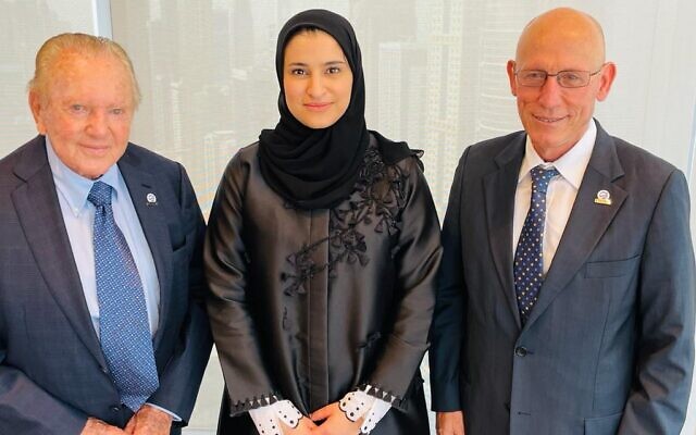 From left: SpaceIL chairman Morris Kahn, Sarah bint Yousef Al Amiri, Emirati Minister of State for Advanced Technology and Chairwoman of the UAE Space Agency, and SpaceIL CEO Shimon Sarid. (Courtesy)
