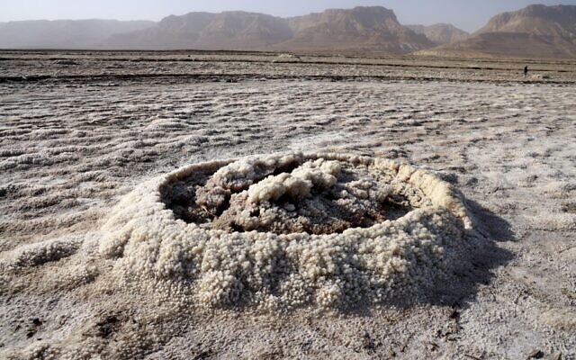 Patterns formed by crystalized minerals some 20Km south of Kibbutz Ein Gedi in the southern part of the Dead Sea, a dried-up sea stretch which exposed and created a salt plain, seen December 26, 2020. (Menahem KAHANA / AFP)