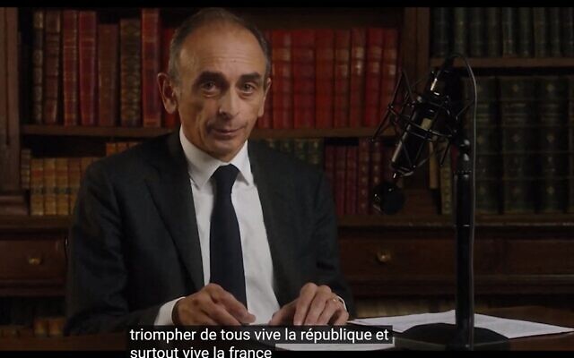 Screen capture from video showing French far-right media pundit Eric Zemmour delivering a speech to announce his candidacy for the 2022 Presidential election in a video broadcast on his Youtube channel, on November 30, 2021 in Paris. (YouTube / AFP)