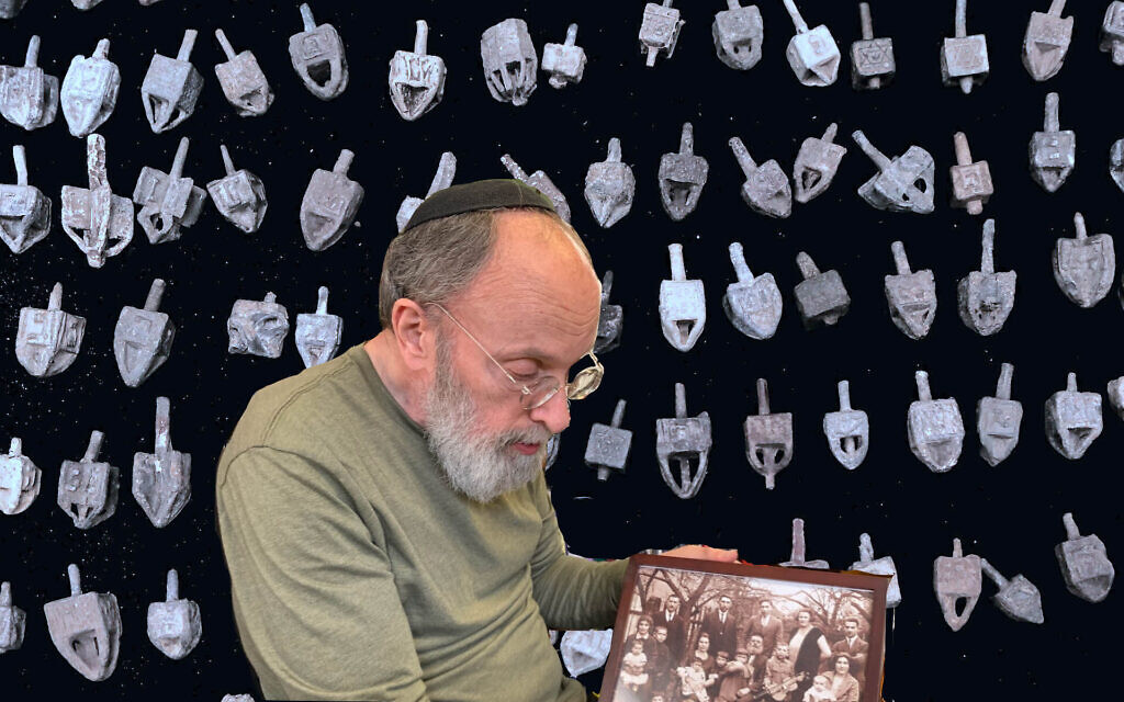 Arthur Kurzweil first encountered amulets and dreidels excavated by treasure hunters during a trip to his father's hometown in Poland. Now he has collected thousands of them. (Photo by Shira Hanau/JTA; background courtesy Kurzweil)