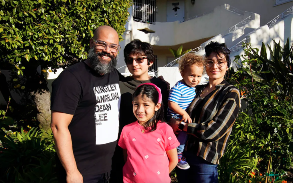 The Silversteins, from left: Joshua, Ami, Laila, Shel and Cinthya, outside of their Los Angeles home. (Casey Durkin/NBC/ via JTA)