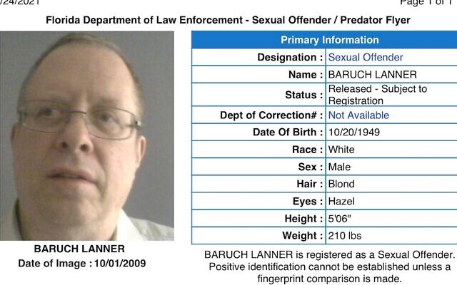 A flyer from the Florida Department of Law Enforcement’s Sexual Offender registry lists Baruch Lanner’s status as “Subject to Registration.” (Via FDLE via JTA)