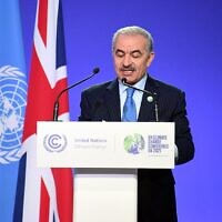 Palestinian Authority Prime Minister Mohammad Shtayyeh addresses the Glasgow Climate Conference on November 1, 2021. (WAFA)