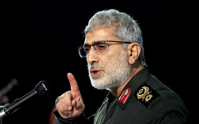 Esmail Qaani, the head of Iran's Quds Force, speaks during a ceremony on the occasion of first anniversary of death of the force's previous head Qassem Soleimani, in Tehran, Iran, January 1, 2021. (AP Photo/Ebrahim Noroozi)
