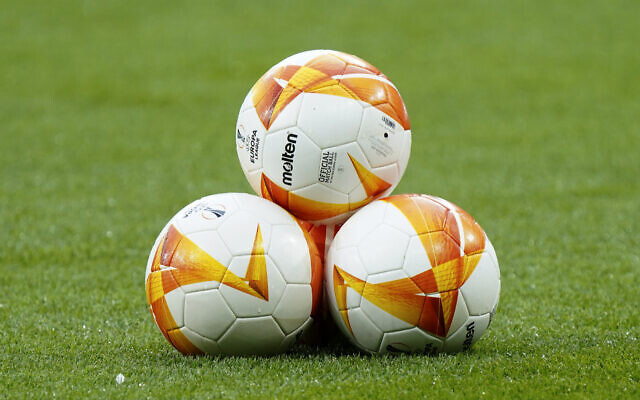 Illustrative: Europa League final soccer match balls are display prior to the Europa League final soccer match between Manchester United and Villarreal in Gdansk, Poland, May 26, 2021. (Janek Skarzynski, Pool via AP)
