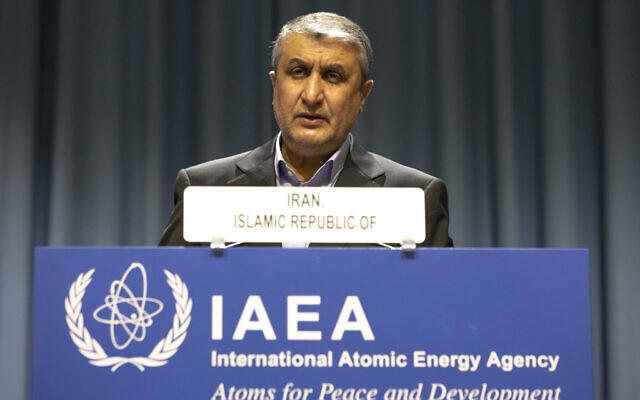 Mohammad Eslami, head of Iran’s nuclear agency (AEOI) talks on stage at the International Atomic Energy’s (IAEA) General Conference in Vienna, Austria, September 20, 2021. (Lisa Leutner/AP)