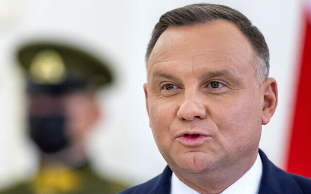 Poland's President Andrzej Duda speaks during a news conference following his meeting with his Lithuanian counterpart at the Presidential Palace in Vilnius, Lithuania, October 19, 2021. (Mindaugas Kulbis/AP)