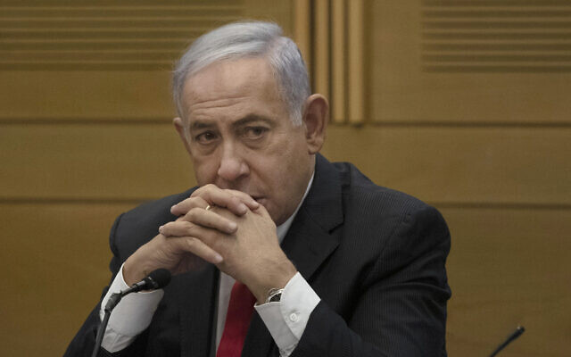 Former Israeli prime minister Benjamin Netanyahu speaks to right-wing opposition party members, at the Knesset, Israel's parliament, in Jerusalem on June 14, 2021. (AP Photo/Maya Alleruzzo, File)