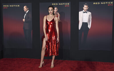 Cast member Gal Gadot arrives at the Los Angeles premiere of 'Red Notice' at LA Live on November 3, 2021. (Jordan Strauss/Invision/AP)