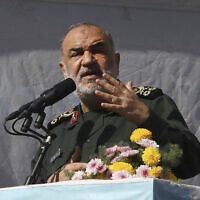 Iran's paramilitary Revolutionary Guard commander Gen. Hossein Salami addresses the crowd During a rally in front of the former US Embassy commemorating the anniversary of its 1979 seizure in Tehran, Iran, November 4, 2021. (Vahid Salemi/AP)