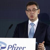 Pfizer CEO Albert Bourla speaks during a ceremony in Thessaloniki, Greece, on October 12, 2021. (AP Photo/Giannis Papanikos, File)