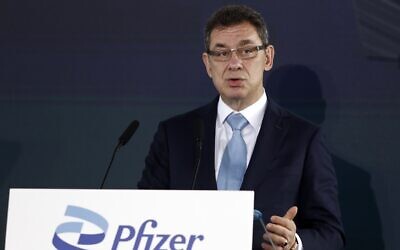 Pfizer CEO Albert Bourla speaks during a ceremony in Thessaloniki, Greece, on October 12, 2021. (AP Photo/Giannis Papanikos, File)