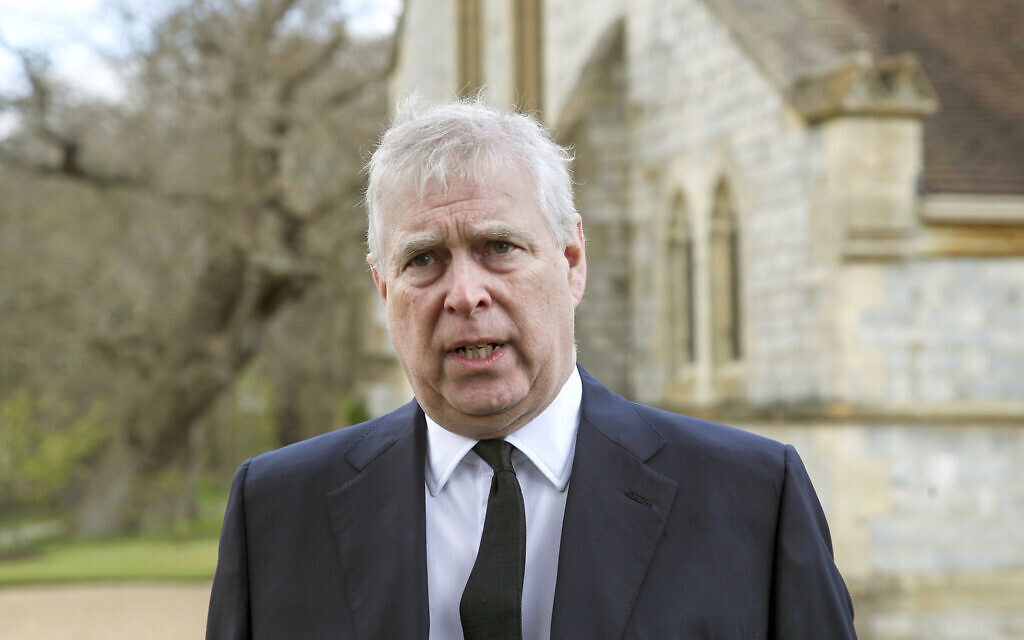Britain's Prince Andrew speaks during a television interview at the Royal Chapel of All Saints at Royal Lodge, Windsor, England, April 11, 2021. (Steve Parsons/Pool Photo via AP, File)