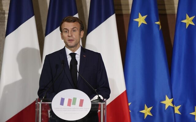French President Emmanuel Macron speaks during a press conference at the Villa Madama in Rome while visiting Italy, November 26, 2021. (Domenico Stinellis/AP)
