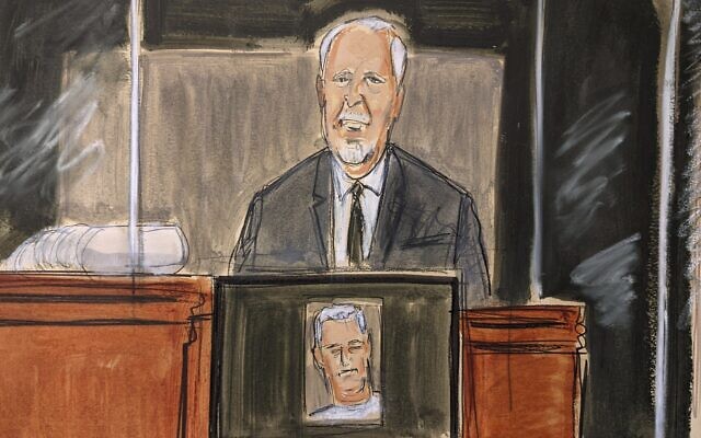 In this courtroom sketch, Lawrence Paul Visoski Jr., who was one of Jeffrey Epstein's pilots, testifies on the witness stand during Ghislaine Maxwell's sex trafficking trial, on November 29, 2021, in New York. (AP Photo/Elizabeth Williams)