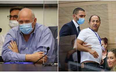 Shufersal CEO Itzik Abercohen (L) and supermarket mogul Rami Levy (R) during a Knesset Economic Affairs Committee meeting, November 10, 2021. (Noam Moskowitz/Knesset spokesperson)