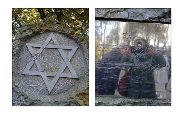 Vandals used a sharp object to attack a memorial to the victims of the Holocaust in Oviedo, Spain, November 12, 2021. (Photo courtesy of the Federation of Jewish Communities of Spain via JTA)