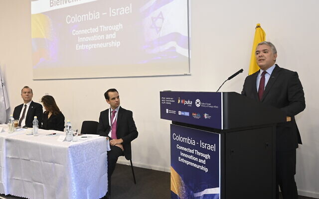Colombian President Ivan Duque (R) at the opening of the South American country's trade and innovation office in Jerusalem, November 9, 2021. (Jorge Novominsky)