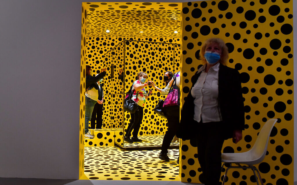 The Infinity pumpkin patch at the Tel Aviv Museum of Art exhibition of Japanese artist Yayoi Kusama on October 31, 2021 (Photo by Tomer Neuberg/Flash90)