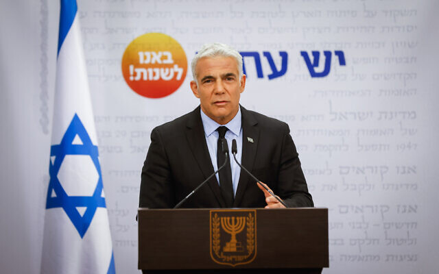 Yesh Atid party leader Foreign Minister Yair Lapid speaks during a faction meeting at the Knesset, in Jerusalem, on November 8, 2021. (Oliiver Fitoussi/Flash90)