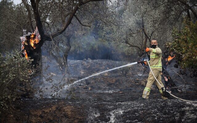 Firefighter works to extinguish a fire in Ma'alot-Tarshiha, northern Israel, on November 14, 2021 (David Cohen/Flash90)