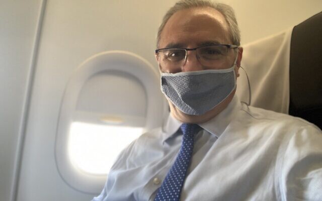 Israeli Ambassador to Bahrain Eitan Na'eh aboard a plane to Manama, on November 29, 2021. (Twitter)