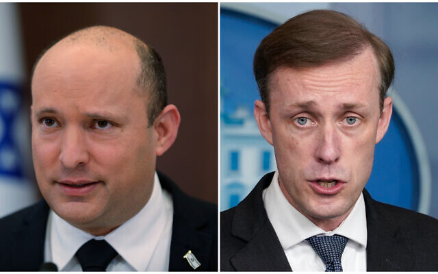 Prime Minister Naftali Bennett (L) and US National Security Advisor Jake Sullivan (R) (AP Photo)